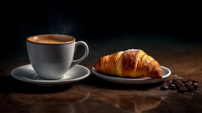 cup of coffee and croissant HD 8K wallpaper Stock Photographic Image