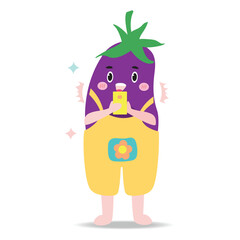 Cute eggplant holding smartphone in hand on white flat vector illustration.