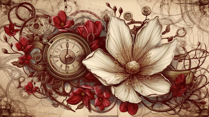 Fototapeta na wymiar floral, vintage background, peony, flover, products, enginer, generative, ai, steampunk, background, clockwork, brooch, jewelry, red