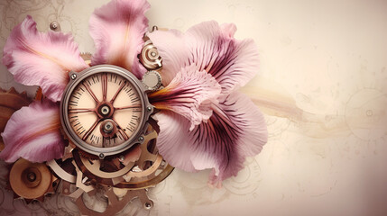floral, vintage background, flover, products, enginer, generative, ai, steampunk,  clockwork, brooch