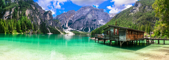 One of the most beautiful mountain Alpine lakes - magic Lago di Braies, surrounded by Dolomites mountains. south Tyrol, Italy