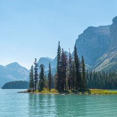 Spirit Island and Maligne Lake in summer, Jasper national park, Canada.