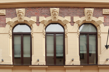 Windows of historical vintage house in downtown of Lviv, Ukraine	