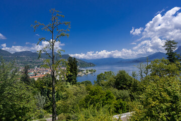 View from the Botanical Gardens of Villa Taranto to Lake Maggiore. Verbania, Piedmont, Italy.