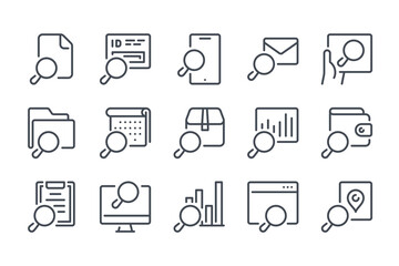 Fototapeta na wymiar Search and Inspection line icon set. Magnifying glass related linear icons. Research, Review and Explore outline vector sign collection.