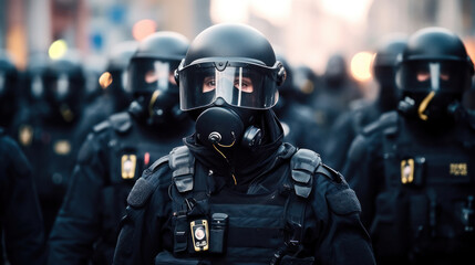 police in full gear on the street. police in hardhats, hard hats and body armor fighting against protests or riots.Generative AI