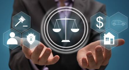 Justice and law concept. Lawyer businessman holding law innovation network icons. blurred background.