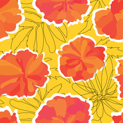 retro post modern  red  flowers bloom on white seamless pattern. original blossom yellow, black,  print decor
