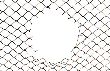 The texture of the metal mesh on a white background. Torn steel, metal mesh with holes