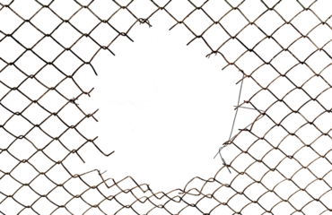 The texture of the metal mesh on a white background. Torn steel, metal mesh with holes