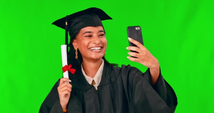 Happy woman, student and selfie with certificate on green screen for graduation against a studio background. Female person or graduate with smile, diploma or degree for photo, memory or achievement
