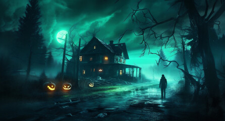halloween moon holiday pumpkin bat dark night grave cemetery horror. Generative AI.