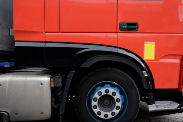 red truck front wheel detail