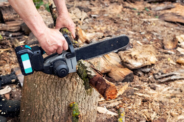 A worker cuts a tree branch with a portable cordless chainsaw