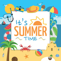Fototapeta na wymiar It's Summer Time Logo with Different Summer Elements and Beach Background - Palm Tree, Coconut, Ice Cream, Crab, Surfboard and Others III