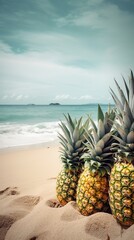 ripe pineapples in the sand on the beach near the ocean. summer concept. generative ai.