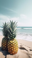 ripe pineapples in the sand on the beach near the ocean. summer concept. generative ai.