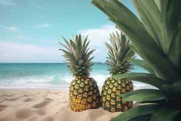 ripe pineapples in the sand on the beach near the ocean. summer concept. generative ai.