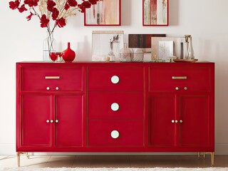 photo wood sideboard in red living room background image