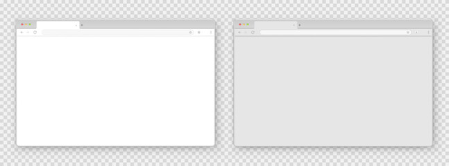 A set of browser window in white and gray on a transparent background. Website layout with search bar, toolbar and buttons. Vector illustration.