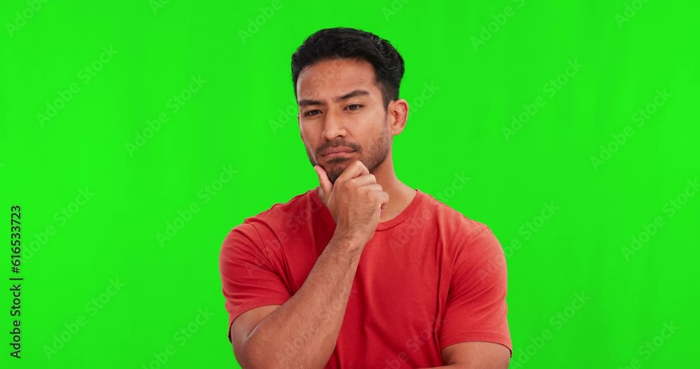 Poster thinking, doubt and face of an asian man on a green screen for a solution, planning or ideas. seriou