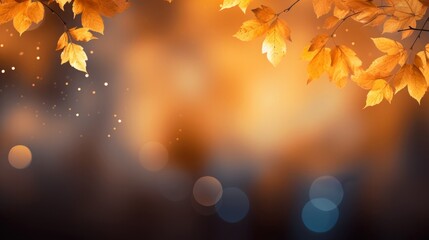 Naklejka na ściany i meble Autumn leaves in the sun and blurry trees .Seasonal banner with autumn foliage. Autumn background. Copy space. Generative AI.