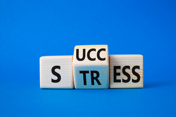 Success vs Stress symbol. Wooden cubes with words Stress and Success. Beautiful blue background. Business concept and Success vs Stress. Copy space