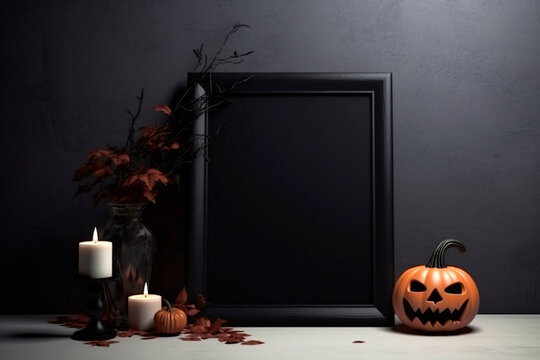 Halloween pumpkins candles with blackboard, mock up, scary pumpkins frame. Halloween concept. Generative ai