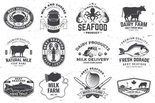 Fresh seafood and rustic milk badge, logo. Vector. Typography design with octopus, shrimp, crab, lobster, dorade, trout, cow, milk farm silhouette. Template for seafood, dairy and milk farm business -