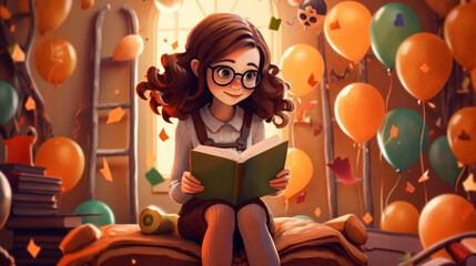 Delight in Reading: Cartoon Style Illustration Celebrating World Book Day, Portraying a Girl Engulfed in Her Favorite Book with Festive Balloons in Her Room, by Generative AI 