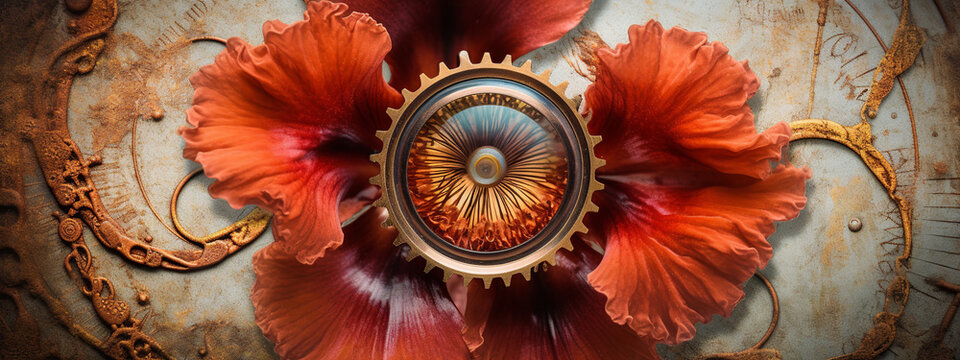 floral, vintage background, flover, products, enginer, generative, ai, steampunk,  clockwork, brooch