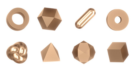 Set of 3d Golden Geometric Shapes Objects. Realistic geometry elements from red gold.