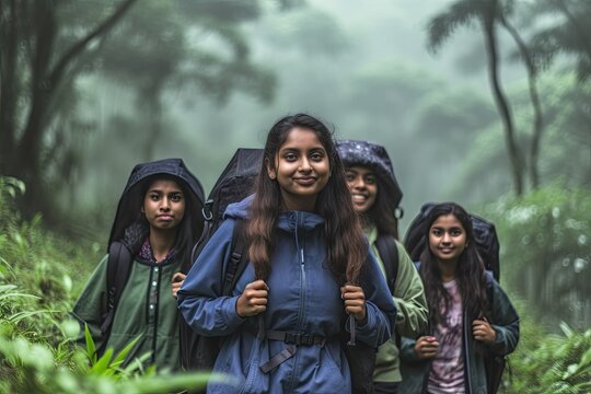 group of hicking indian teenage girls walking in the woods generative ai