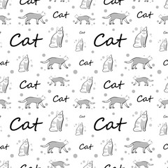Seamless texture with gray cats on a white background. Print with cats. Vector illustration in doodle style.
