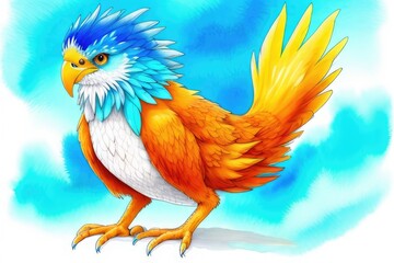 Watercolor imaginary a colorful bird, rainbow fur.