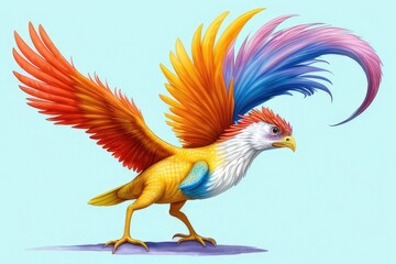 Watercolor imaginary a colorful bird, rainbow fur.