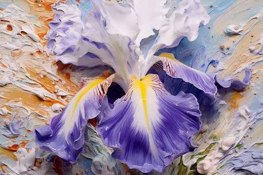 A closeup photograph of acrylic painting of iris flower, white violet clair colors acrylic paint flowing down. AI Generative