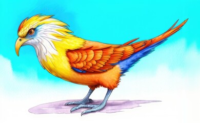 Watercolor imaginary a colorful bird, rainbow fur.