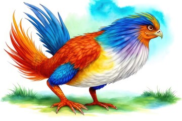 Watercolor imaginary a colorful bird, rainbow fur.