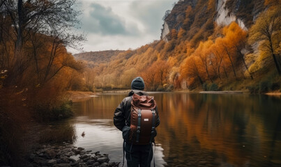 Traveller with a backpack looking at the river in mountains. Beautiful autumn view of nature outside the city. Generative AI.