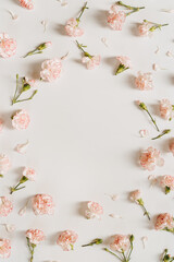 Frame made of pink carnation flowers on white background with blank copy space. Elegant postcard, social media backdrop. Flat lay, top view floral mockup template