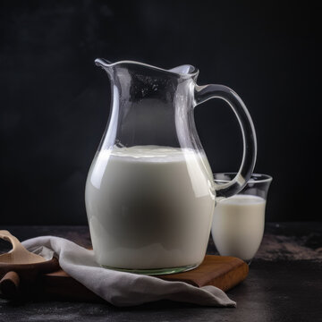 A pitcher and glass with milk. Jug of milk on the wooden plate. Black backdrop. Generative AI.