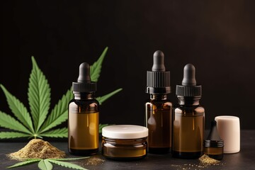 Top view flatlay cbd Oil care products, Generative ai