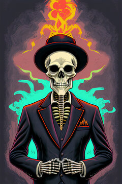 A Painting Of A Skeleton Wearing A Suit And Smoking A Cigarette, AI