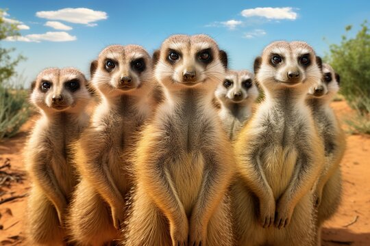 Group of meerkats standing upright and looking attentively at the camera, Generative ai