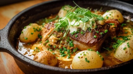 food photography of a luxurious pan seared steak with potatoes