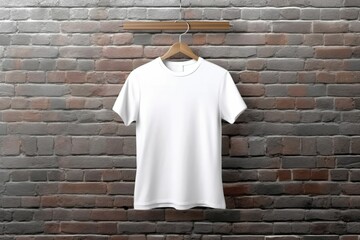 Mockup white Tshirt hanging on brick background, Generative ai