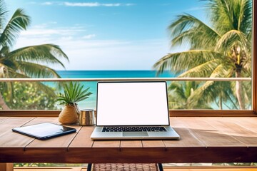 Laptop mockup with blank screen on tropical beach background