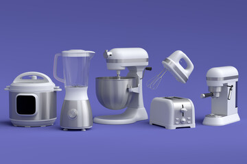 Kitchen appliances and utensils for making breakfast on violet background