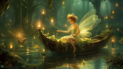 Fantasy Fairy in a magical forest wallpaper background art - obrazy, fototapety, plakaty